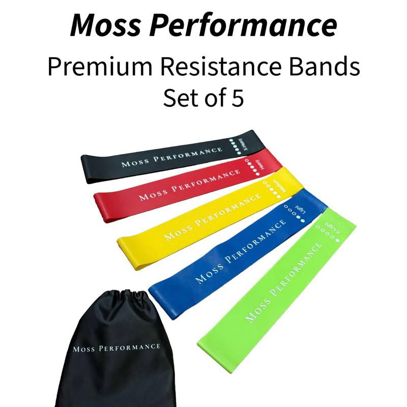 Moss Performance Premium Loop Resistance Bands, Set of 5 Strengths with Carry Bag, Strength Training for Men & Women